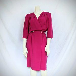 90s Hot Pink Secretary Wrap Dress with Gold and Pearl Accents